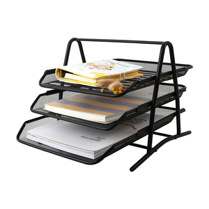Fournitures scolaires de <span class=keywords><strong>bureau</strong></span> en maille métallique à 3 niveaux, <span class=keywords><strong>plateau</strong></span> de <span class=keywords><strong>bureau</strong></span> noir de format A4 empilable pour documents et lettres - Product Image 1