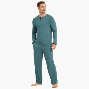 Vêtements de nuit confortables de luxe pour hommes, vêtements de détente, combinaison douce unie, pyjama confortable en coton et bambou - Product Image 1