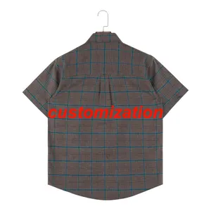 Oversize Square Collar Shirt Formal Work Vocation Wear 100% Cotton Short Sleeve Button Up Plaid Shirt For Men