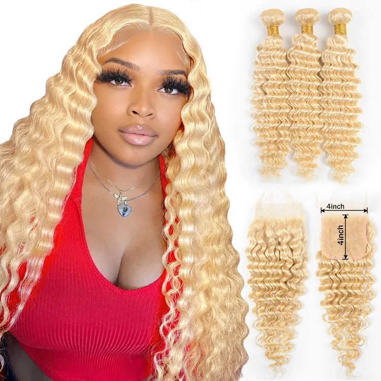 Mink 613# Blonde Good Quality Grade 10A Cheap Brazilian Curly Raw Virgin Human Hair Weave Bundles Deals With 4*4 Lace Closures