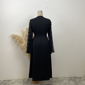 1424#B <b>Ladies</b> Latest Design Nida Material <b>With</b> <b>Pockets</b> Shiny Hot Drilling Versatile <b>Black</b> Color Open Abaya Diamond <b>Cardigan</b> - Product Image 3