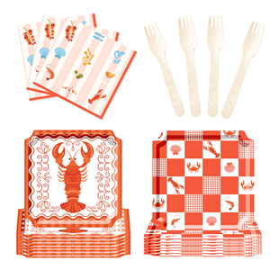 จานกระดาษลายกุ้งมังกรแดง DAMAI รูปทรงสี่เหลี่ยม แบ่งช่องเล็กๆ สำหรับอาหารทะเล พร้อมถ้วยและผ้าเช็ดปาก - Product Image 5