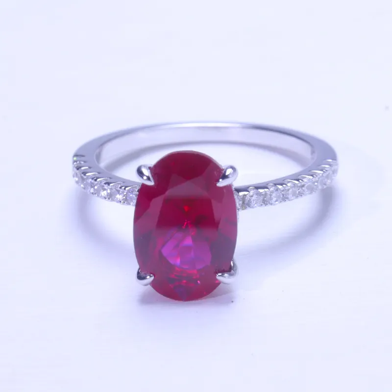 10k Gold Plated Lab Diamond Iced Out Ruby Stone Prong Setting Custom Oval 10x14mm Red Ruby Ring