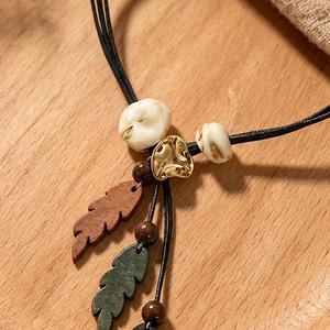 Double Black Leather Cord Necklace Multi Color Wooden Leaf Tassel Pendant White Irregular Beads Women Boho Vacation Neck Jewelry - Product Image 4