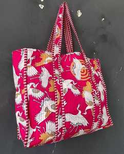 Bolso de Mano Acolchado de Algodón con Estampado de Bloques, Espacioso, para Artículos Esenciales Diarios, Compras, Viajes - Product Image 5