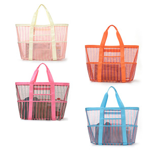 Sac de plage en maille grande capacité, sacs fourre-tout rayés pour femmes, essentiel pour les voyages d'été, sac organisateur pliable en maille - Product Image 2