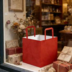 Custom <b>Red</b> Thick Kraft <b>Paper</b> Bags with square Base and Flat Handle Design, Ideal for Bouquet Packaging and Gift Shopping. - Product Image 2