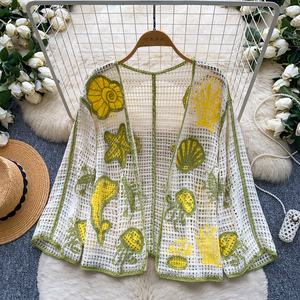 Blouses d'été à manches longues en tricot bohème pour femmes, chemises unies ajourées, hauts décontractés pour femmes, vente en gros - Product Image 1
