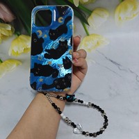 Coque de téléphone pour iPhone 16 15 14 13 12 11 Pro Max avec bracelet, motif chat noir et étoile, dos de lune