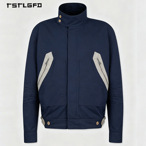 Custom Navy Blue <b>Utility</b> <b>Jacket</b> Stand Collar Full Zip Dual Zip Chest Pockets Adjustable Cuffs Unisex <b>Jacket</b> - Product Image 3