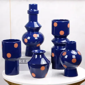Redeco desain populer Polka Dot vas geometris vas meja keramik silinder untuk dekorasi rumah
