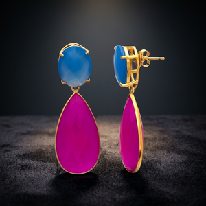Nouveauté : Ensemble de boucles d'oreilles en or plaqué avec pierres de Chalcedoine rose et bleue pour femmes par Jaipur Gems, pour mariage et fiançailles - Product Image 3