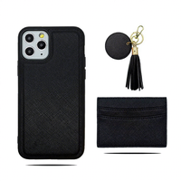 Ensemble cadeau en cuir PU, porte-cartes en cuir, porte-clés à pompon rond rose, étui de téléphone en cuir Piel Cuero pour iPhone 13 Pro