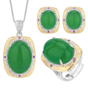 High End Eco-friendly Copper Imitation <b>Jade</b> Necklace Earrings <b>Ring</b> Set 15*20/10*12mm Green Big Zircon Jewelry Sets for Statement - Product Image 1