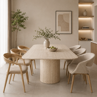 Table à manger ovale sur piétement à double rainure, placage travertin, mobilier de salle à manger minimaliste, commande en gros, personnalisable, ODM