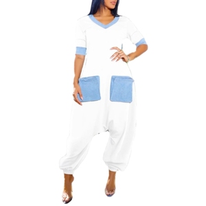 Mono informal de mezclilla con cuello en V, diseño de bloques de color y elástico, para mujer, a la moda - Product Image 2