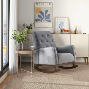 Fauteuil à bascule moderne en bois massif écologique, tissu gris clair Demetrius de qualité supérieure, pour salon, chambre d'enfant ou lecture - Product Image 3