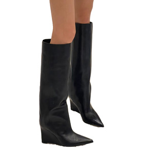 Bottes hautes pour femmes, style européen et américain, à bout pointu, en cuir synthétique, antidérapantes, à talon compensé, inspirées de l'équitation - Product Image 5