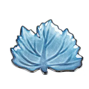 Leaf Shape Ceramic Plates For Restaurant Blue Glazed Porcelain Dishes Ceramic Dessert Plates