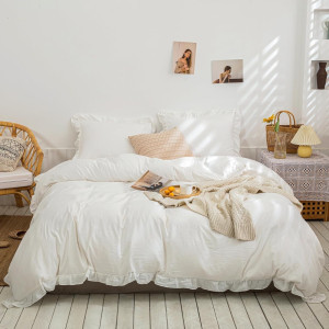 Boman Home Textiles Koreaanse stijl driedelig effenkleurig voorgewassen dekbedovertrekset met geruite kantbies - Product Image 4