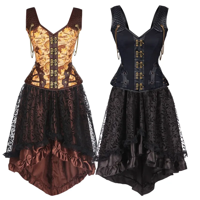 Vestido gótico de cuero de PU con corsé Steampunk, Top corto renacentista con falda burlesca, conjunto de dos piezas, disfraz de pirata