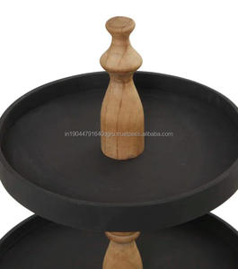 New Designed Wooden <b>Cake</b> <b>Server</b> With Wooden Black Coated Serving Three Tier Plates And Round Small Pedestal Support - Product Image 2