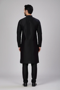 <b>Men</b> Black Solid Dupion Silk Straight <b>Kurta</b> with <b>Pajamas</b> Traditional Ethnic Wear for Festive Occasions and Celebrations - Product Image 3