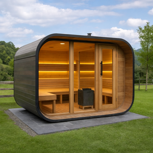 Sauna extérieur moderne en forme de cube pour 8 personnes, en cèdre rouge et en hemlock, grand sauna extérieur traditionnel, poêle à vapeur, <span class=keywords><strong>chauffage</strong></span> hybride - Product Image 1