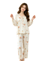 Pyjama de luxe pour femme en fibre de bambou, haut à manches longues et pantalon, imprimé floral, col pull, respirant et doux, collection printemps/automne