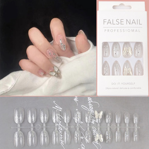 Faux ongles press-on de luxe brillants coréens blancs papillon 24 pièces longueur moyenne amande 3D ongles artificiels de créateur en vrac - Product Image 4