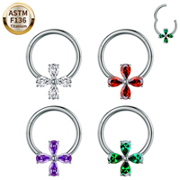 Anneau segmenté articulé en titane ASTM F136 G23, motif fleur de zircon multicouleur à quatre feuilles, pour septum nasal, hélix et cartilage des enfants