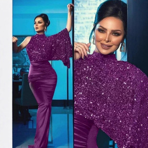 Robe de soirée asymétrique à sequins pour femme, col montant, longue, moulante, violette et bleue, en polyester, tenue de cérémonie - Product Image 3