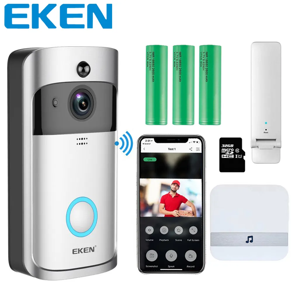 Eken-جرس باب تسجيل مرئي ذكي ، V5 أصلي, جهاز تسجيل مرئي ذكي ، باتجاهين ، صوت عالي الدقة 720 بكسل ، لاسلكي ، واي فاي ، رؤية ليلية ، كاميرا إنتركوم