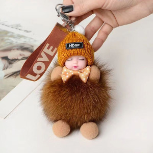 Sweet Cute Sleeping Baby Doll Keychain Pom Pom Rabbit Fur Ball Key Chain Fluffy Car Key Ring Bag Charm Gift <b>Plush</b> Fur Key Chains - Product Image 4