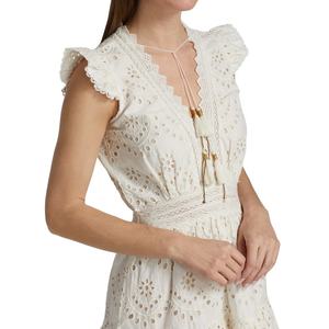 ชุดเดรสผ้าลินินสั่งทำ OEM ชุดมินิเดรสฤดูร้อนสำหรับผู้หญิง ผ้าไหมคอตตอนระบายอากาศ ปักลายดอกไม้ คอวี ดีไซน์หรูหรา เซ็กซี่ สบายๆ - Product Image 4