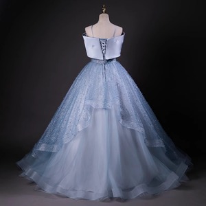 Off-The-Shoulder Evening Gown Blue Empire Waist Bow Detail For Annual Meeting - Product Image 4