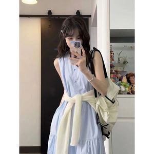 S1MAN1 Sleeveless Tiered Dress Light Blue O Neck Loose Fit Casual Daily Wear - Product Image 3