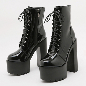 Botines de Mujer XSD de Charol Negro, Nuevo Estilo, Punta Cuadrada, Tacón Alto, Brillantes, Otoñales, con Cierre, a la Moda - Product Image 4