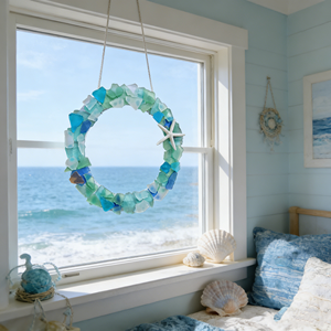 Envío Directo, Corona Decorativa de Vidrio Marino, Hecha a Mano, con Acabado Arenado, Estilo Bohemio Irregular, Moderno y Minimalista, para Colgar en Interiores - Product Image 2