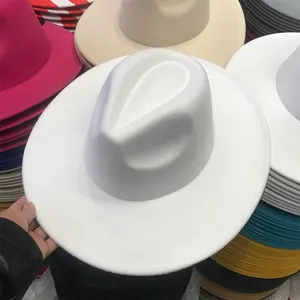 Benutzer definiertes Logo 9,5 cm groß 5in Wide Brim Wool Filz weiß Fedora Hüte Großhandel für Frauen und Männer Panama Jazz Cap Pork Pie Hut