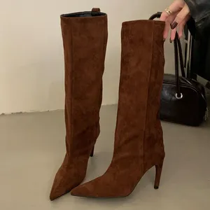 Botas de mujer hasta la rodilla con forro de malla sólida, tacones finos, punta puntiaguda, para invierno, sin cordones - Product Image 4