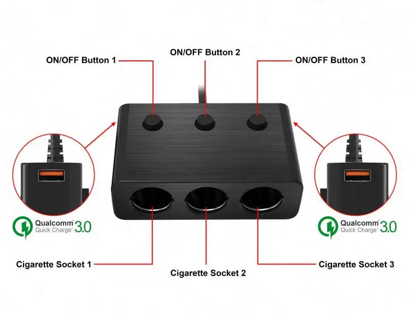 Cigarrillo de cargador de coche de plástico de 3 puertos 5V 7A QC3.0 y cargador de teléfono celular multipuerto tipo C para teléfono inteligente