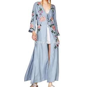 New style embroidered floral designer cotton denim dress, long loose embroidered denim robe