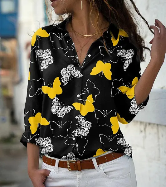 2022 Hochwertige beliebte Herbst Vintage übergroße Hemden Damen Schmetterlings druck Langarm Lässig Umdrehen Kragen Bluse Tops