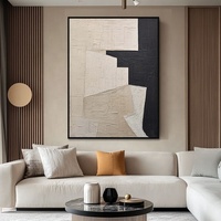 Grande peinture sur toile texturée beige et noire style Art déco, faite à la main, décoration murale 3D avec cadre noir/doré