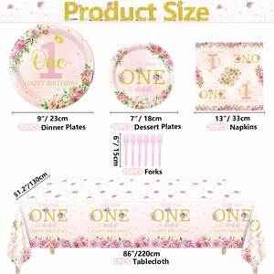 Modern Floral 1st Birthday Party Tableware Set for Baby Girls Onederful Dinnerware & <b>Tablecloth</b> Serving 24 Guests - Product Image 5