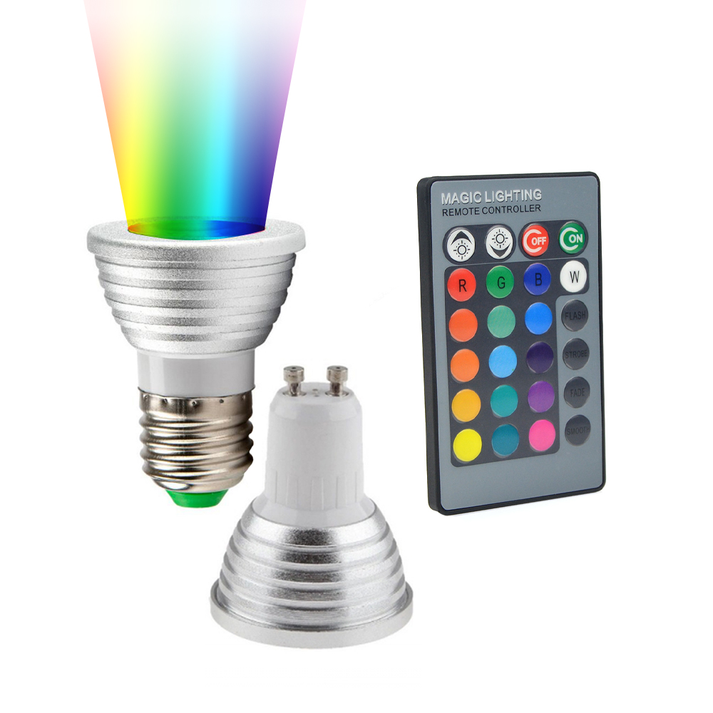 E27 GU10 RGB Светодиодный прожектор лампы AC 85-265V Светодиодный прожектор 3 Вт 16 видов цветов с регулируемой яркостью с дистанционным управлением светодиодные лампочки для помещений