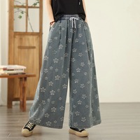 Pantalones Palazzo Vaqueros Florales Grabados de Verano 2026 al por Mayor, de Cintura Alta con Cordón Elástico y Fruncido, Lavado Medio, Tallas Grandes para Mujer