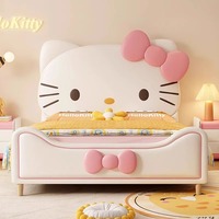 Lit Double Moderne et Luxe pour Chambre, Cadre Rembourré en Tissu, Taille King, Design Animalier en Forme de Dessin Animé Hello Kitty