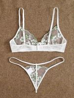 Ensemble de lingerie transparente en maille brodée florale, avec soutien-gorge et string à fines bretelles en dentelle, pour femme, fabrication OEM.